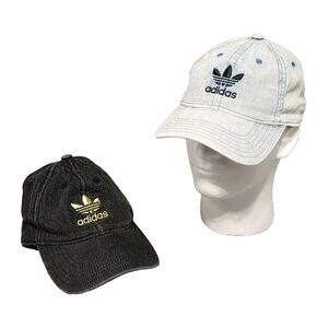 Lot Of 2 Adidas Hat Cap Mens Strapback Gray Blue Denim Embroidered Trefoil Logo